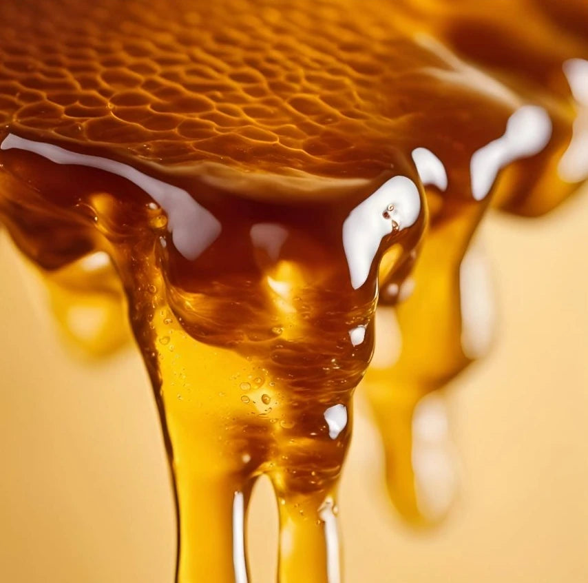 Close up of honey dripping off a honeycomb.